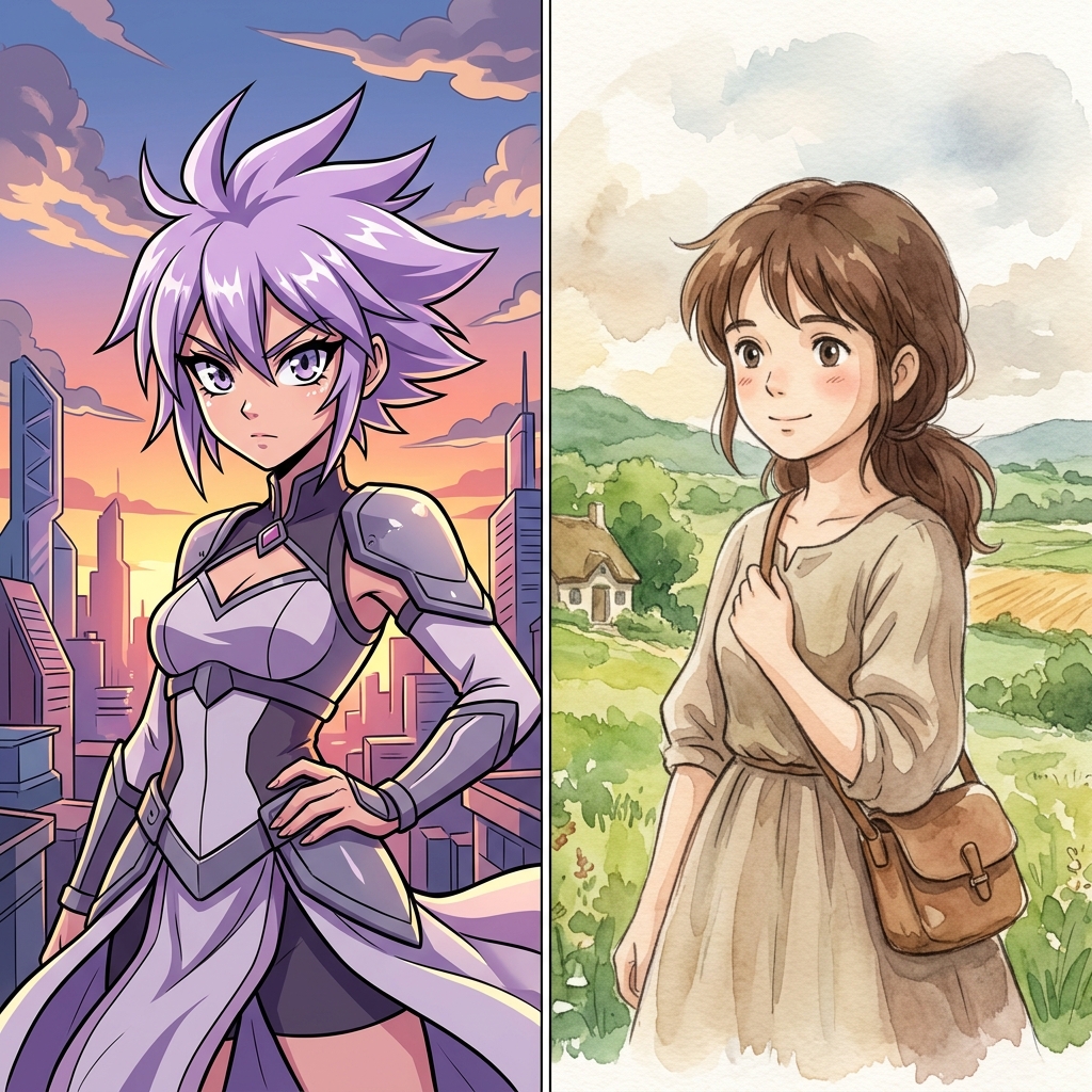 Ghibli Art Style Soft Watercolor vs Standard Anime Sharp Layout comparison